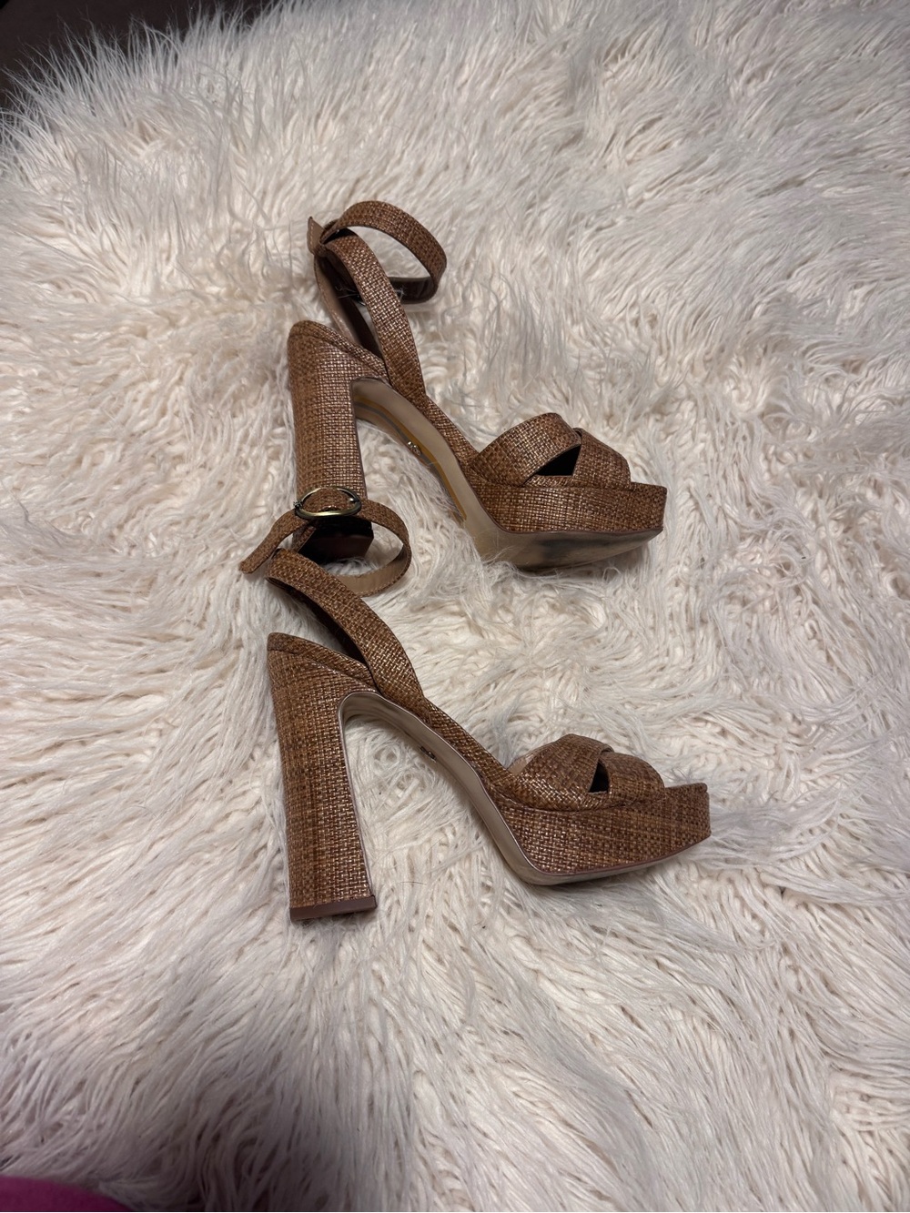 Sam Edelman Kayna Ankle Strap Heel Size 7 1/2 Platform Brown Weave - Picture 5 of 10